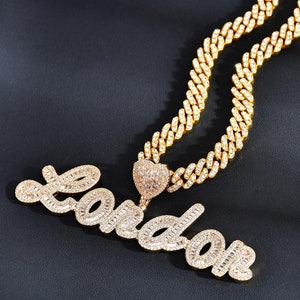 Personalised Women&#39;s Name Chain, Custom Icy Gold Name Pendant with Bling Cuban Chain, Birthday Gift for Her, Personalized CZ Diamond Jewelry