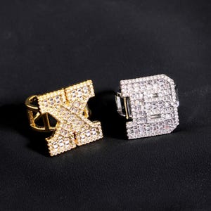 Personalized Iced Out Baguette Diamond Initial Ring Adjustable, Bling Hip Hop Alphabet Letter Rings Jewelry For Men, Custom Gift for Him