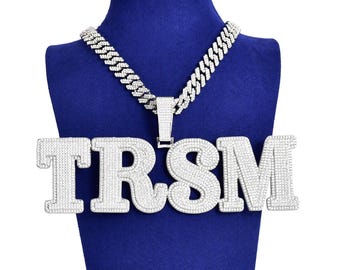 Iced Out Large Letters Necklace, Custom Big Name Pendant Cuban Chain, Personalized Chunky Hiphop Jewelry, Micro Pave Jewelry, Gift for Him