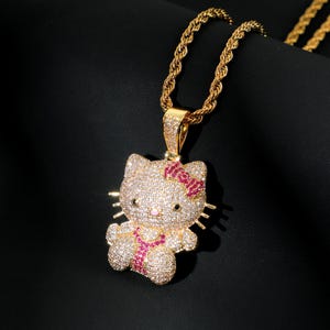 Micro Paved Cute Cartoon Cat Pendant, Iced Out Round CZ Diamond Cute Kitten Necklace, Ruby Bow Style Kitty Cat Pendant, Gift for Girls