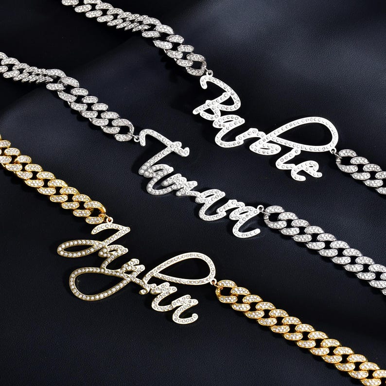 Names With Rhinestone Bling-bing Cursive Letters Nameplate & Cuban Chain, Custom Name ...