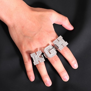 Anillos con inicial de diamante y circonita cúbica helada, anillos de apertura con letras y números personalizados, ajustables, impresionante anillo unisex con monograma y alfabeto, regalos personalizados.