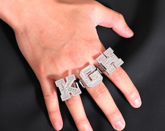 Iced CZ Diamond Initial Ring: Custom Alphabet Monogram, Adjustable