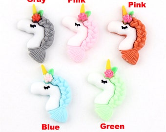 10pcs Colorful Unicorn tête Flat Back Cabochon Figurine Stone Embellishments Applique DIY Wedding Scrapbook Craft 23X33MM