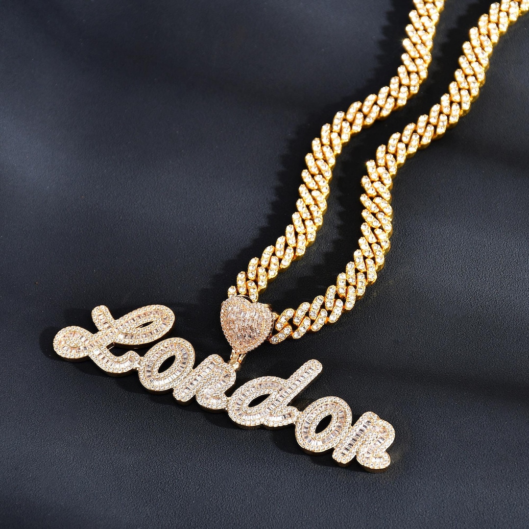 Personalised Women's Name Chain, Custom Icy Gold Name Pendant With