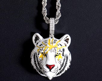 Enameled 3D White Tiger Head Pendant Necklace, Handmade Realistic Style Painting Tiger Pendant, Great Artwork Jewelry Gifts for Him&Her