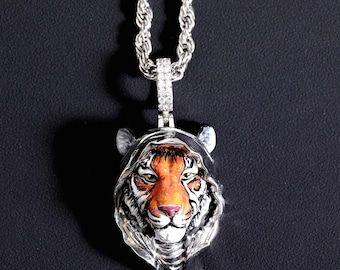 Enameled 3D Tiger Head Pendant Necklace,Handmade Realistic Painting Tiger Pendant,Men's Jewelry&Accessories,New Modern Artwork Jewelry Gifts