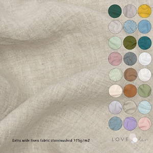 Puede incluir: Primer plano de tela de lino lavada a la piedra beige. La imagen muestra la textura de la tela, con el texto "Extra wide linen fabric stonewashed 175g/m2". Se muestra una paleta de colores variados a la derecha.