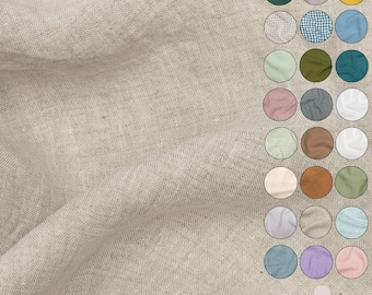 May include: Close-up of beige stonewashed linen fabric. The image shows the texture of the fabric, with the text "Extra wide linen fabric stonewashed 175g/m2". A color palette of various colors is displayed on the right.