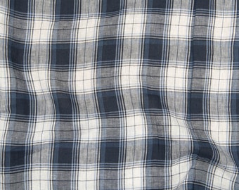 Linen Fabric Checkered Blue, Stonewashed (125 g/m2)