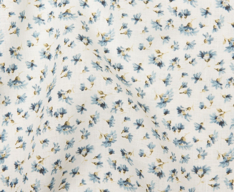 Linen Fabric Printed little Blue Flowers Softened Etsy