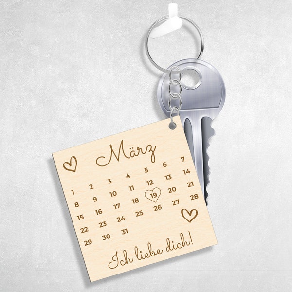 Personalisierter Schlüsselanhänger Kalender mit Wunschname und Wunschdatum aus Holz oder Plexiglas - Liebe Paare Geschenkidee Valentinstag