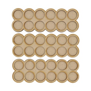May include: Three wooden trays with 16 circular cutouts each, designed for holding small items like paint pots or other craft supplies.