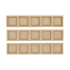 May include: Three wooden strips each with five square cut-outs. The strips are stacked on top of each other.