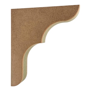 May include: A light brown L-shaped wooden corbel featuring a smooth, flat vertical back edge, a flat horizontal top edge, and a curved, decorative inner profile with a textured, unfinished surface appearance throughout the entire piece.
