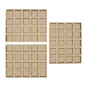 May include: Three wooden storage boxes with square compartments. The boxes are made of unfinished wood and have a natural brown colour.