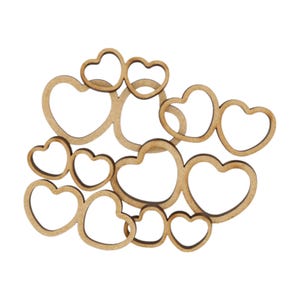 May include: A set of 13 wooden heart-shaped cutouts in various sizes. The hearts are arranged in a cluster, with the largest heart in the centre.