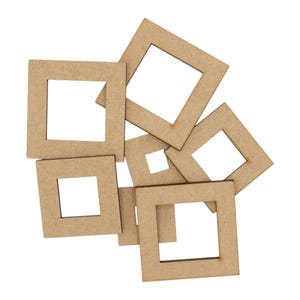 May include: A set of six unfinished wooden picture frames of various sizes. The frames are all square and have a simple, rustic design.