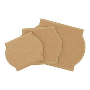 May include: Three unfinished wooden plaques with a scalloped edge. The plaques are different sizes and are stacked on top of each other.