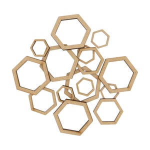 May include: A set of wooden hexagonal shapes, arranged in a layered pattern. The shapes are all the same size and are made of light brown wood.