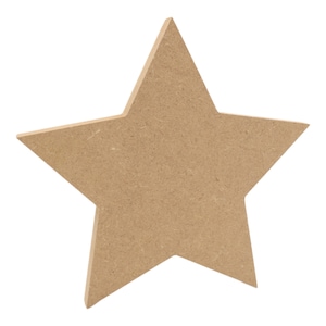 May include: An unpainted wooden star shape. The star is made of medium density fibreboard (MDF) and is ready to be painted or decorated.