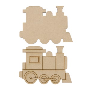 May include: Two wooden train engine cut-outs. The top cut-out is a simple outline of a train engine. The bottom cut-out is a more detailed train engine with wheels, a smokestack, and a window.