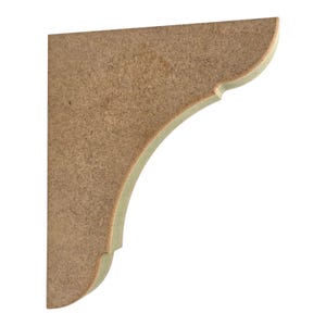 May include: A light brown, unfinished medium-density fibreboard corbel featuring a flat vertical back edge, a flat horizontal top edge, and a curved, decorative front profile with a smooth, light-coloured edge finish on the curved side.