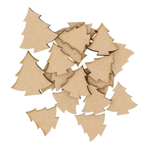 May include: A pile of brown wooden Christmas tree shapes, scattered on a white background.