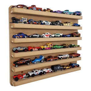 May include: A wooden display shelf with six tiers for storing toy cars. The shelf is filled with a variety of colourful toy cars, including red, blue, green, yellow, and black cars.