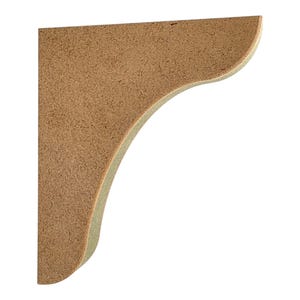May include: A light brown, unfinished medium-density fibreboard corbel featuring a flat vertical back edge, a flat horizontal top edge, and a smooth, curved front profile that tapers from the top corner down to the bottom point.