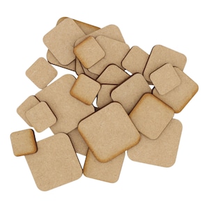 May include: A collection of brown wooden square shapes of various sizes, arranged in a random pattern.
