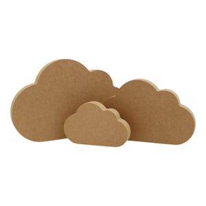 May include: Three wooden cloud cutouts in varying sizes. The clouds are a light brown colour and have a smooth, unfinished surface. The largest cloud is approximately 25 cm wide, the medium cloud is 18 cm wide, and the smallest cloud is 13 cm wide.