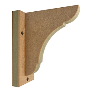 May include: A light brown, unfinished medium-density fibreboard shelf bracket with a curved, decorative profile. The bracket features a flat vertical back plate with two pre-drilled circular mounting holes for installation on a wall surface.