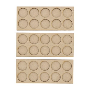 May include: Three wooden trays with 12 circular cutouts each, designed for holding paint pots or other small items.