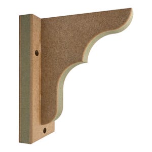May include: A brown medium-density fibreboard shelf bracket featuring a curved, decorative profile. The bracket has a flat vertical mounting plate with two circular pre-drilled holes for installation and a smooth, light brown textured surface.