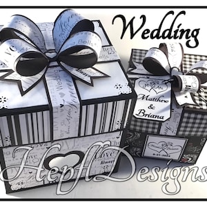 May include: Two black and white gift boxes with a black and white checkered pattern. The top box has a large black and white bow and the text "Wedding Forever" on the side. The bottom box has a smaller black and white bow and the text "Matthew & Briana 9-21-2024" on the side.