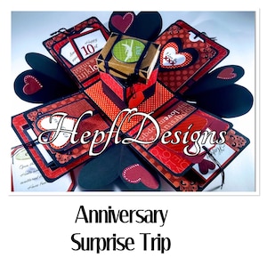 May include: A red and black explosion box with a small brown box inside. The box is decorated with hearts, polka dots, and the words "Happy 10th Anniversary".