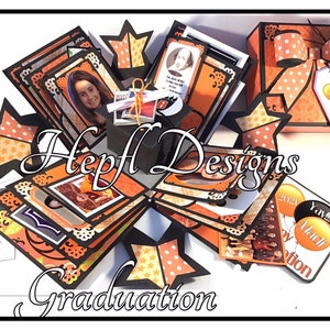 May include: A black and orange explosion box with a graduation theme. The box is decorated with stars, polka dots, and a photo of a graduate. The box is open and the inside is filled with different compartments and messages. The box is labelled "Heppf Designs Graduation".