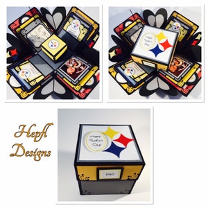 May include: A yellow, black, red, and blue explosion box with a Steelers logo and the words "Happy Father's Day Dad".