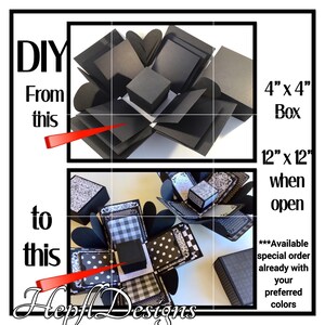 EXPLOSION BOX  DIY - Pre Made Black Base for Explosion Box/Heart corners 2-3-4Layers 8-12-16Pages Interactive Photo Folio Features - 4”x4”