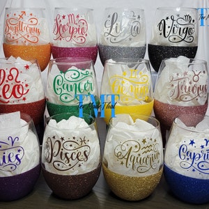 Zodiac Glitter Stemless Wine Glasses **FREE SHIPPING** Astrology Constellation Horoscope Celestial Star Sign Birthday Astrology Handcrafted