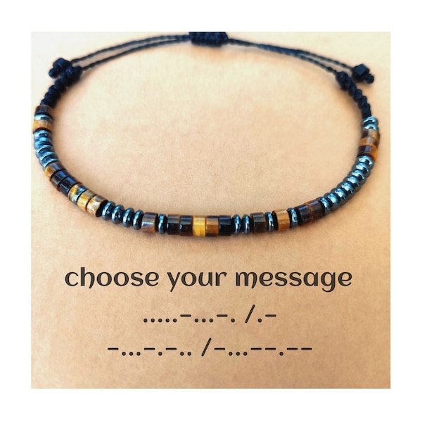 Morse Code Bracelet, Mens Bracelet, Personalized Gift For Him, Tigers Eye Bracelet