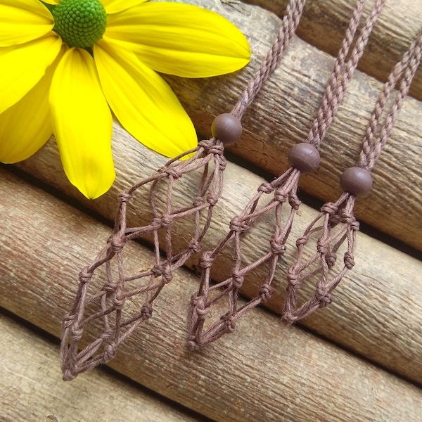 Brown Macrame stone holder, Interchangeable necklace, Adjustable Necklace, size S M L, Macrame crystal pouch,  linen like hemp necklace