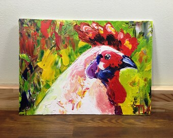 Colorful Abstract Rooster Decor Nursey Kitchen Painting Fine Art Print Rooster Neon Feathers Painting Rainbow Chicken Image Picture