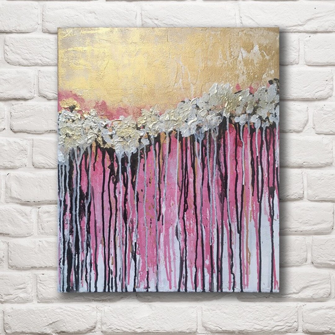 Pink Abstract Flowers Wall Art Golden Decor Original Painting on Canvas ...