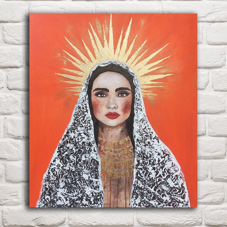 Madonna Wall Art Orange Painting on Canvas Original Woman Paintings
