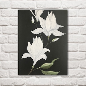 White Flowers painting Magnolia Wall Art Original on canvas Floral Wall art Black and White decor Floral paintings Magnolia  flower decor