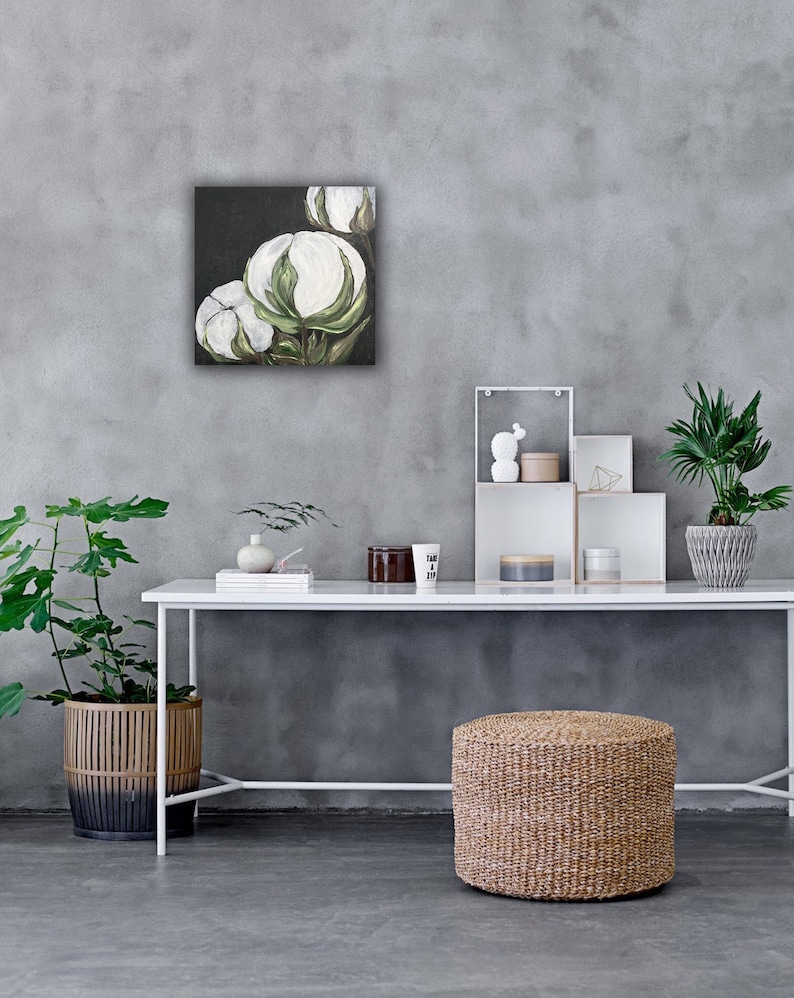 White flowers Wall Art Cotton paintings Original on canvas White and black Wall art Floral decor White flowers cotton Artwork Chic