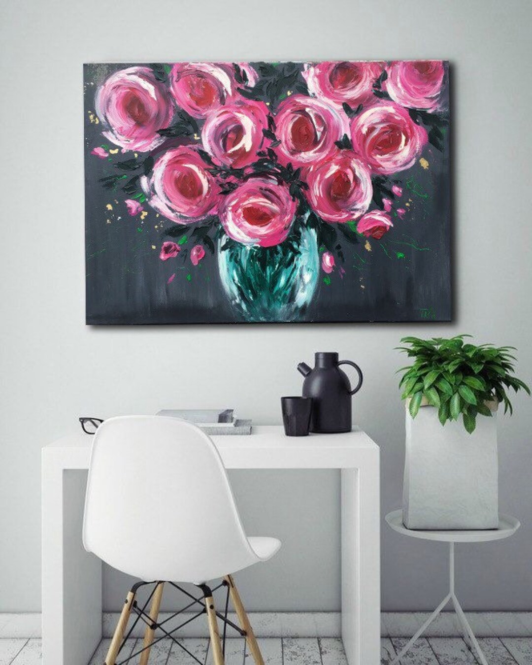 Pink Roses Wall Art Peonies Oil Paintings on Canvas Original Abstract ...