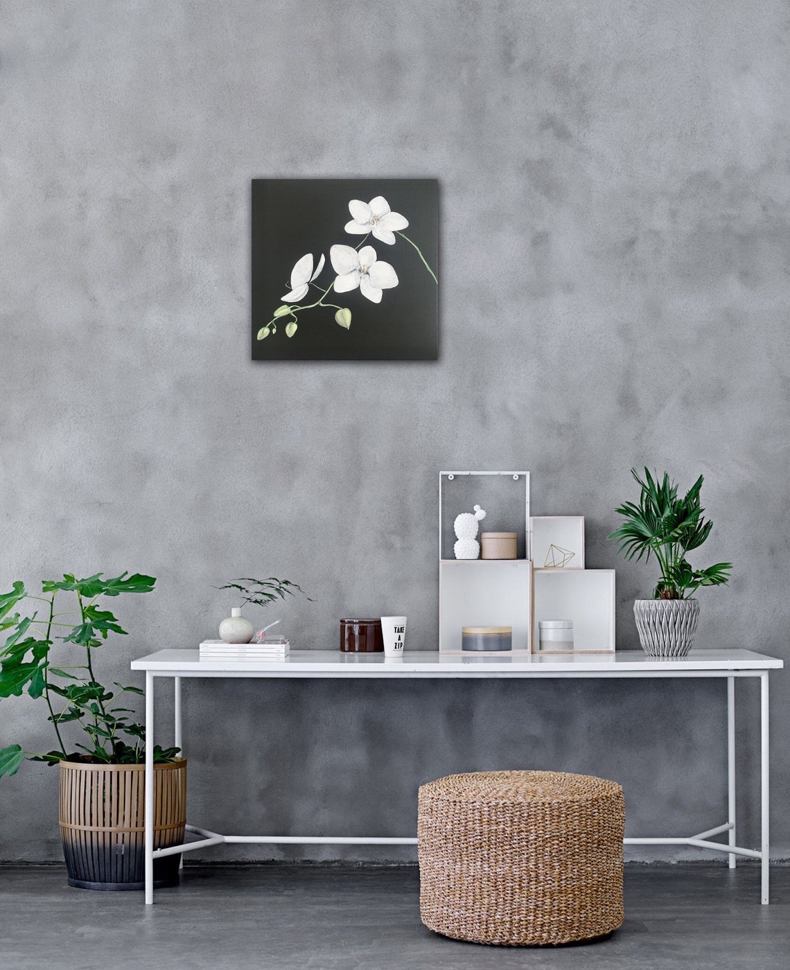 White Orchid Painting Orchids Wall Art Black Canvas Original Etsy